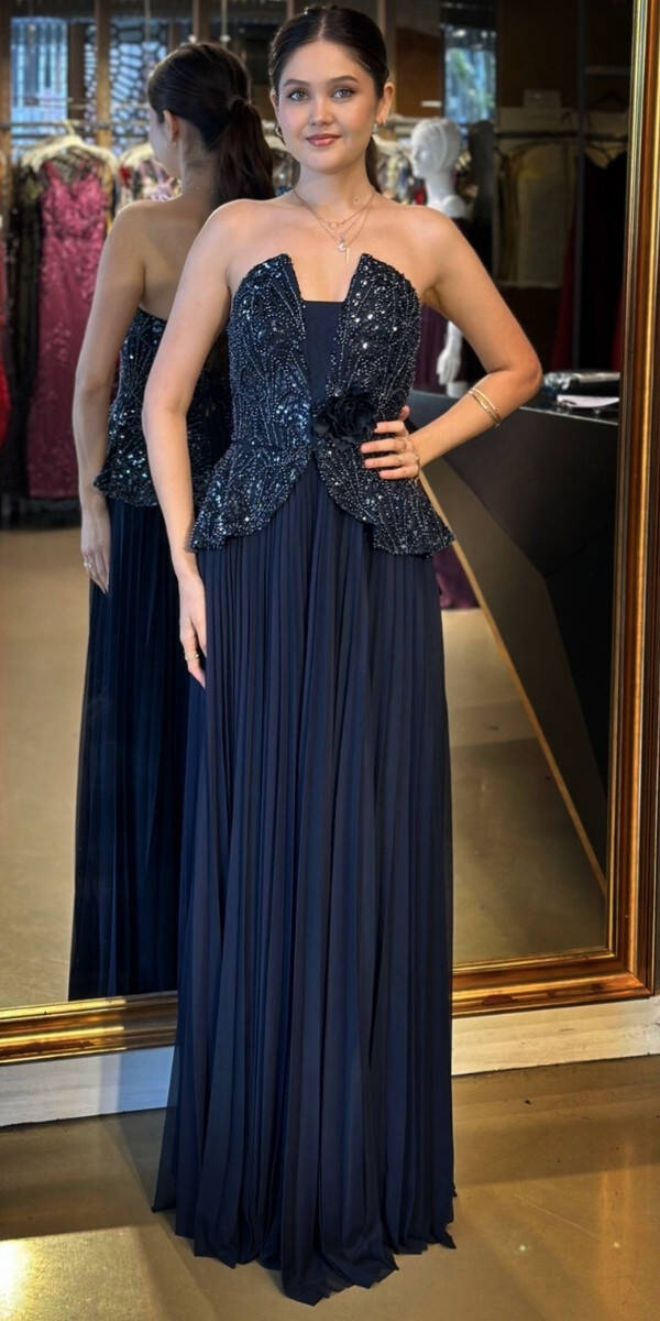 Lacivert Straplez Yaka Çiçek Detaylı Sırt Dekolteli Kloş Etekli Tül Uzun Abiye Elbise 11054 - 1