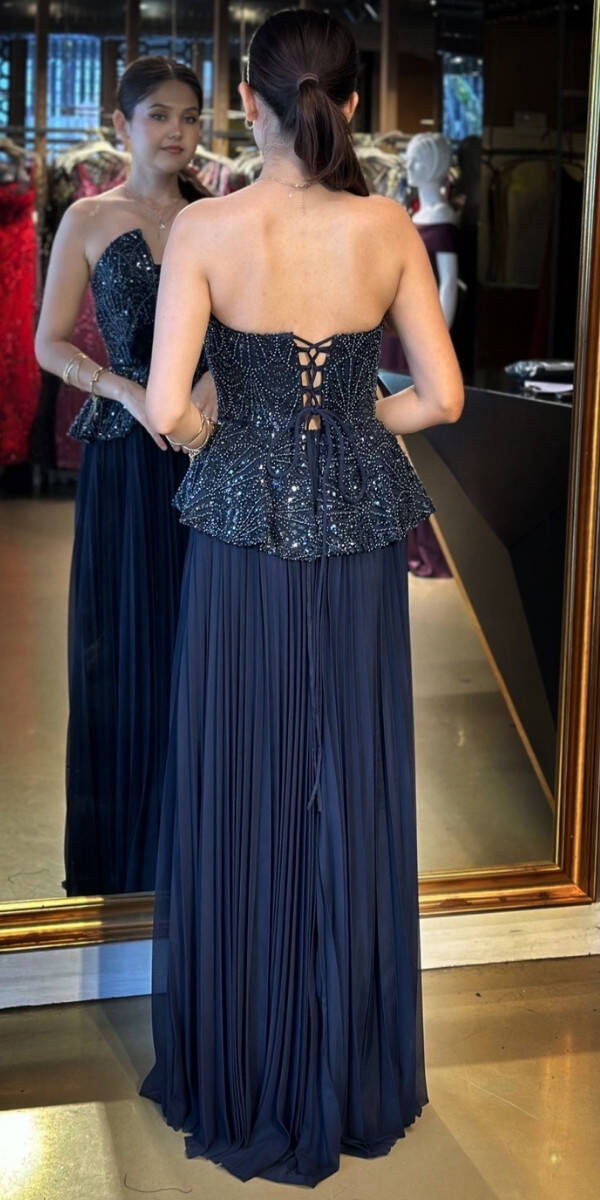 Lacivert Straplez Yaka Çiçek Detaylı Sırt Dekolteli Kloş Etekli Tül Uzun Abiye Elbise 11054 - 5