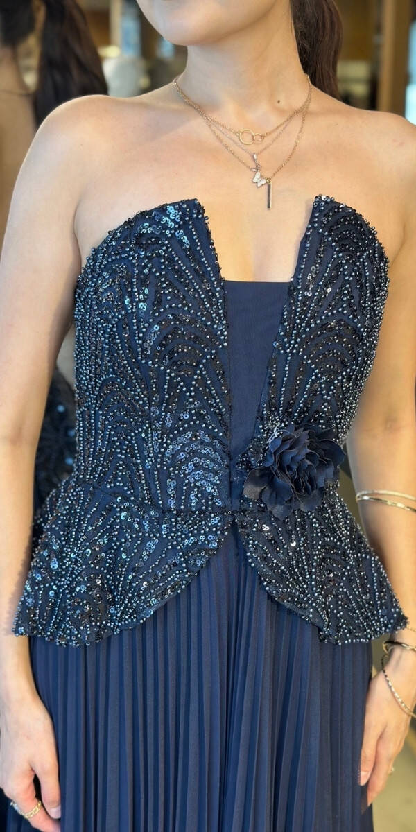 Lacivert Straplez Yaka Çiçek Detaylı Sırt Dekolteli Kloş Etekli Tül Uzun Abiye Elbise 11054 - 4