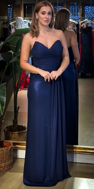 Lacivert Straplez Yaka Göğüs Dekolteli Düz Kesim Likralı Uzun Abiye Elbise 11083 - abiyeniall