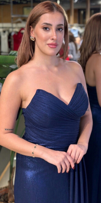 Lacivert Straplez Yaka Göğüs Dekolteli Düz Kesim Likralı Uzun Abiye Elbise 11083 - 3