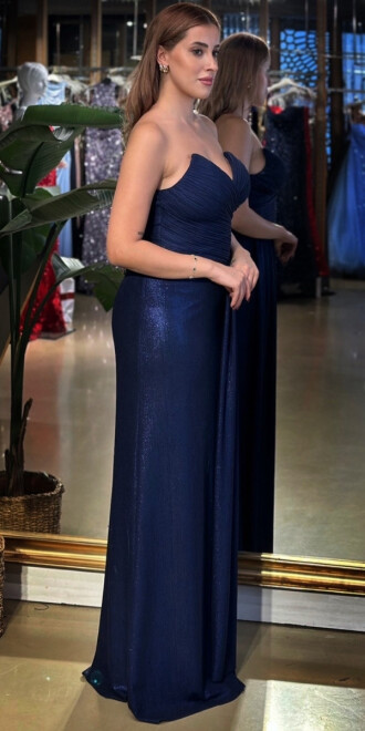 Lacivert Straplez Yaka Göğüs Dekolteli Düz Kesim Likralı Uzun Abiye Elbise 11083 - 2