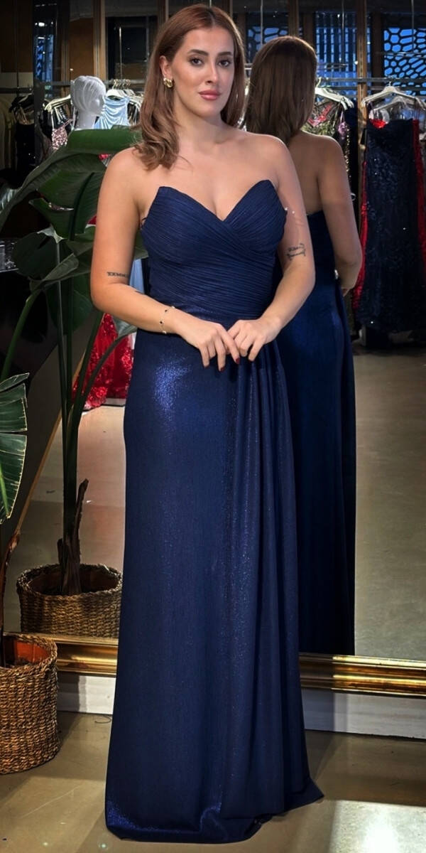Lacivert Straplez Yaka Göğüs Dekolteli Düz Kesim Likralı Uzun Abiye Elbise 11083 - 1
