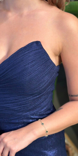 Lacivert Straplez Yaka Göğüs Dekolteli Düz Kesim Likralı Uzun Abiye Elbise 11083 - 4