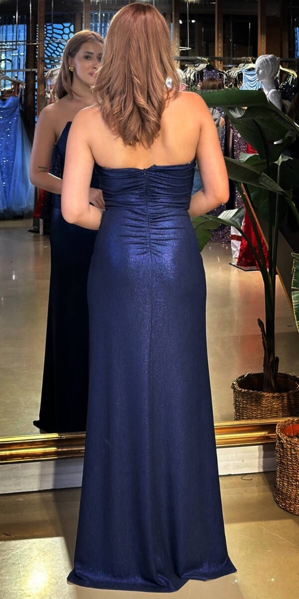 Lacivert Straplez Yaka Göğüs Dekolteli Düz Kesim Likralı Uzun Abiye Elbise 11083 - 5