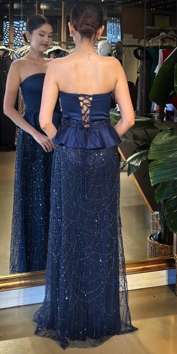 Lacivert Straplez Yaka Kemerli Sırt Dekolteli Düz Kesim Pullu Boncuklu Uzun Abiye Elbise 11141-01 - 5