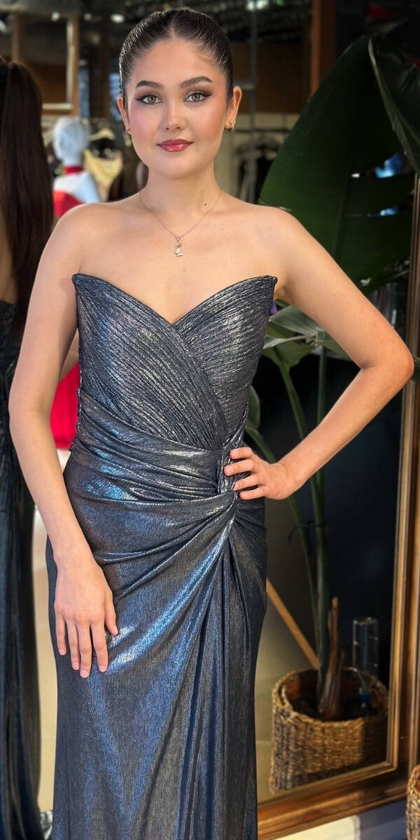 Lacivert Straplez Yaka Sırt Dekolteli Düz Kesim Parlak Kumaş Uzun Abiye Elbise 11173-02 - 3