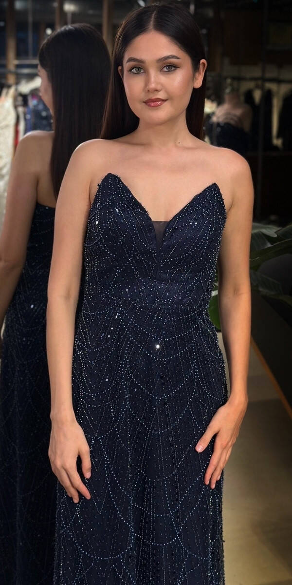 Lacivert Straplez Yaka Sırt Dekolteli Düz Kesim Pullu Boncuklu Uzun Abiye Elbise 11036-03 - 3