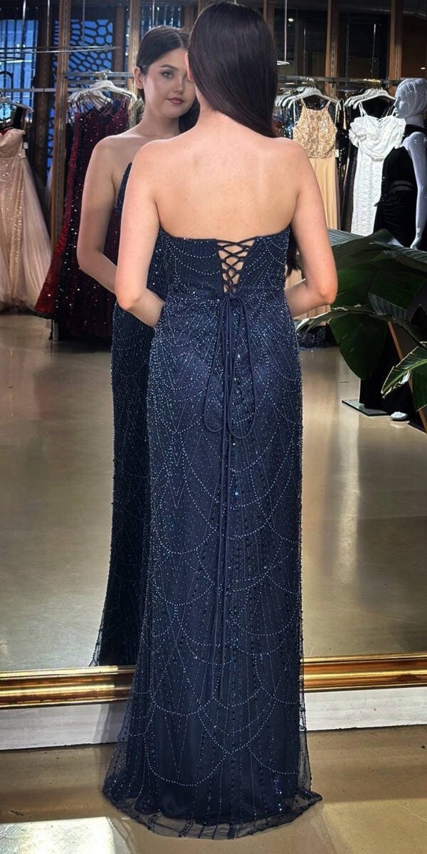 Lacivert Straplez Yaka Sırt Dekolteli Düz Kesim Pullu Boncuklu Uzun Abiye Elbise 11036-03 - 5