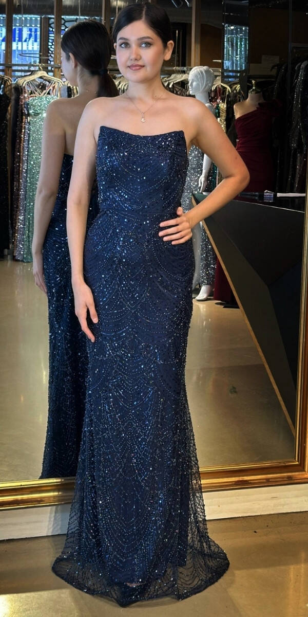 Lacivert Straplez Yaka Sırt Dekolteli Düz Kesim Pullu Boncuklu Uzun Abiye Elbise 11051 - 1