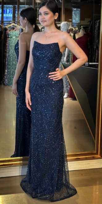 Lacivert Straplez Yaka Sırt Dekolteli Düz Kesim Pullu Boncuklu Uzun Abiye Elbise 11051 - 2