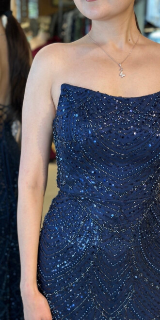 Lacivert Straplez Yaka Sırt Dekolteli Düz Kesim Pullu Boncuklu Uzun Abiye Elbise 11051 - 4