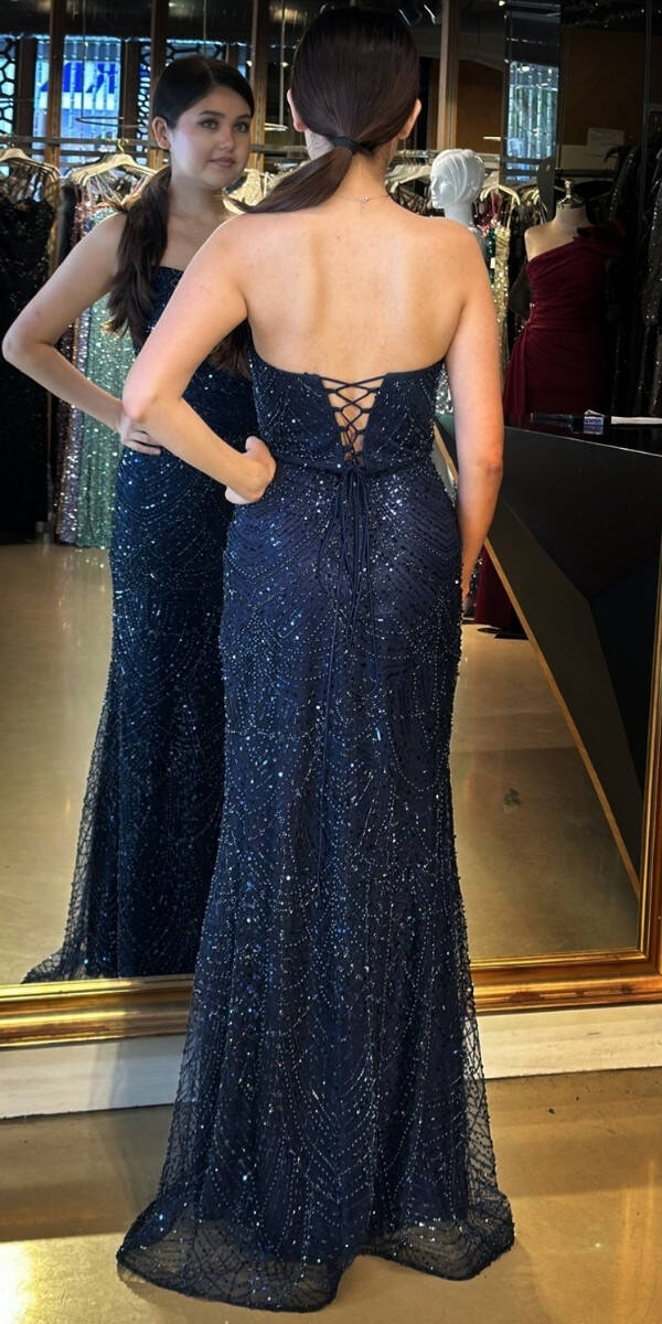 Lacivert Straplez Yaka Sırt Dekolteli Düz Kesim Pullu Boncuklu Uzun Abiye Elbise 11051 - 5