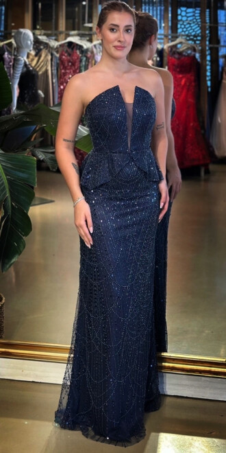 Lacivert Straplez Yaka Sırt Dekolteli Düz Kesim Pullu Boncuklu Uzun Abiye Elbise 11116-03 - abiyeniall