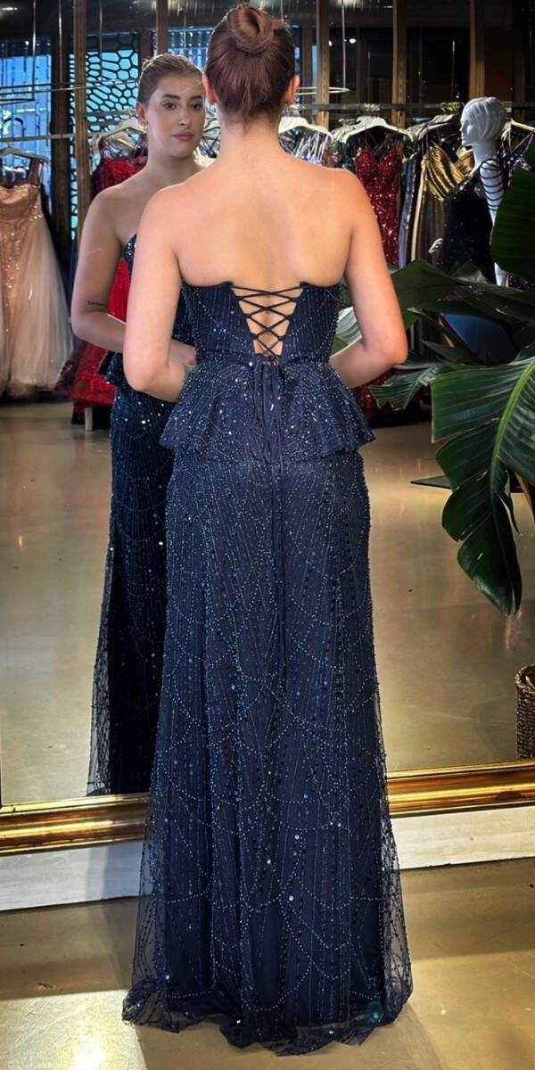 Lacivert Straplez Yaka Sırt Dekolteli Düz Kesim Pullu Boncuklu Uzun Abiye Elbise 11116-03 - 5