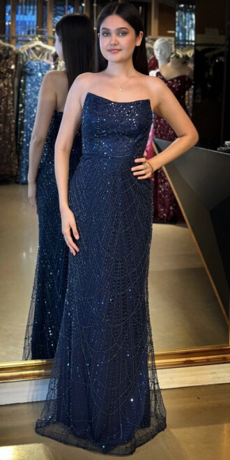 Lacivert Straplez Yaka Sırt Dekolteli Düz Kesim Pullu Boncuklu Uzun Abiye Elbise 7778 