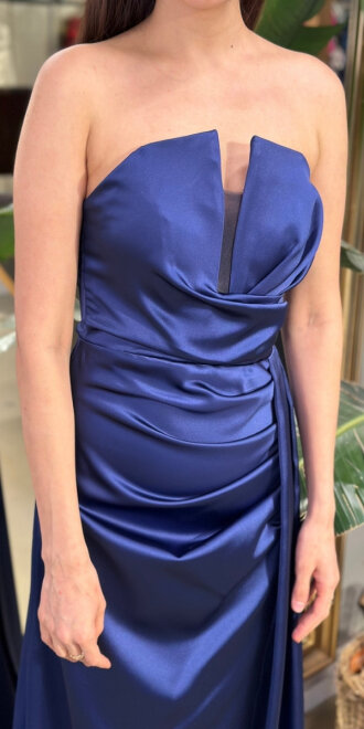 Lacivert Straplez Yaka Sırt Dekolteli Düz Kesim Saten Uzun Abiye Elbise 11131-06 - 4