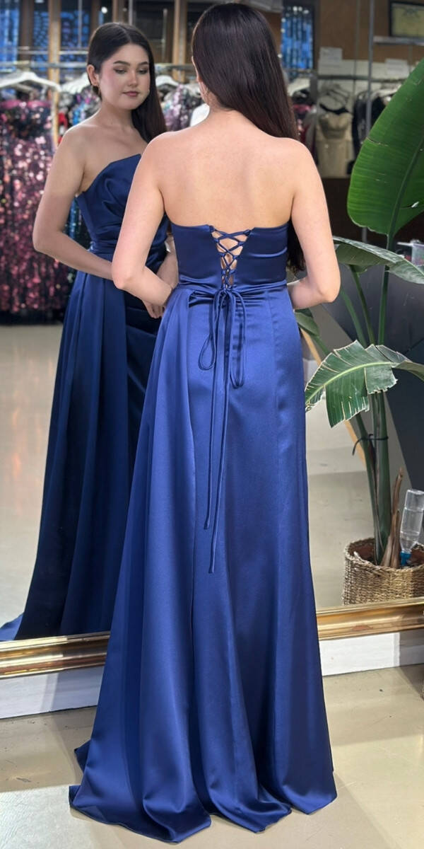 Lacivert Straplez Yaka Sırt Dekolteli Düz Kesim Saten Uzun Abiye Elbise 11131-06 - 5