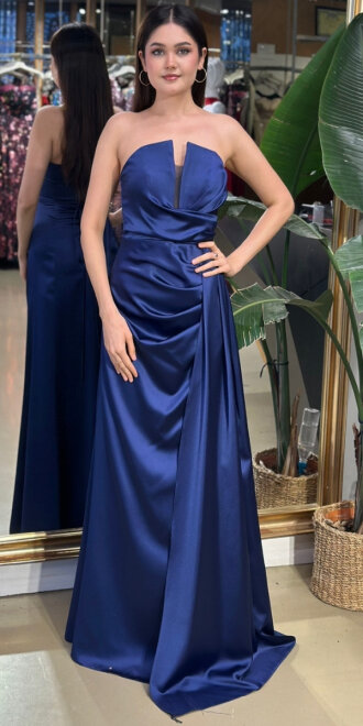 Lacivert Straplez Yaka Sırt Dekolteli Düz Kesim Saten Uzun Abiye Elbise 11131-06 