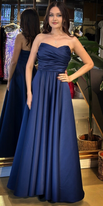 Lacivert Straplez Yaka Sırt Dekolteli Kloş Etekli Saten Uzun Abiye Elbise 11120-05 - abiyeniall