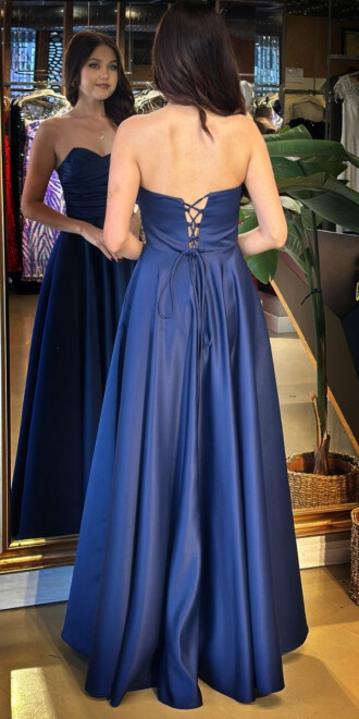 Lacivert Straplez Yaka Sırt Dekolteli Kloş Etekli Saten Uzun Abiye Elbise 11120-05 - 5