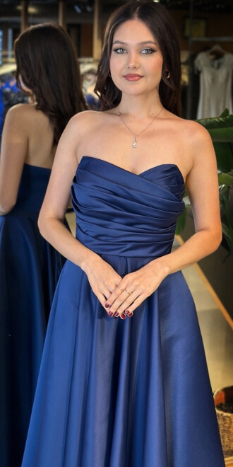 Lacivert Straplez Yaka Sırt Dekolteli Kloş Etekli Saten Uzun Abiye Elbise 11120-05 - 3