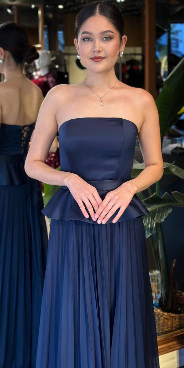 Lacivert Straplez Yaka Sırt Dekolteli Kloş Etekli Şifon Uzun Abiye Elbise 11140-01 - 3