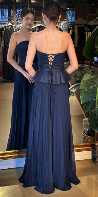 Lacivert Straplez Yaka Sırt Dekolteli Kloş Etekli Şifon Uzun Abiye Elbise 11140-01 - 5