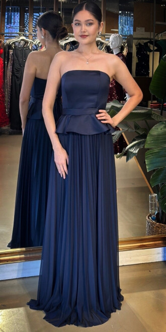 Lacivert Straplez Yaka Sırt Dekolteli Kloş Etekli Şifon Uzun Abiye Elbise 11140-01 - 1