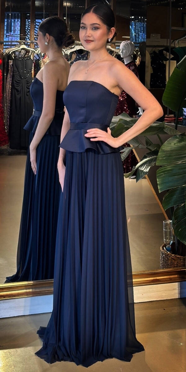 Lacivert Straplez Yaka Sırt Dekolteli Kloş Etekli Şifon Uzun Abiye Elbise 11140-01 - 2