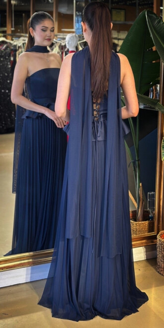 Lacivert Straplez Yaka Sırt Dekolteli Kloş Etekli Şifon Uzun Abiye Elbise 11140-01 - 6