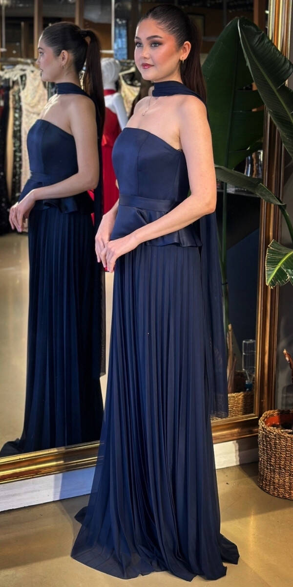 Lacivert Straplez Yaka Sırt Dekolteli Kloş Etekli Şifon Uzun Abiye Elbise 11140-01 - 3