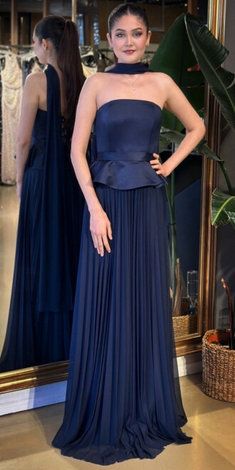 Lacivert Straplez Yaka Sırt Dekolteli Kloş Etekli Şifon Uzun Abiye Elbise 11140-01 - 2