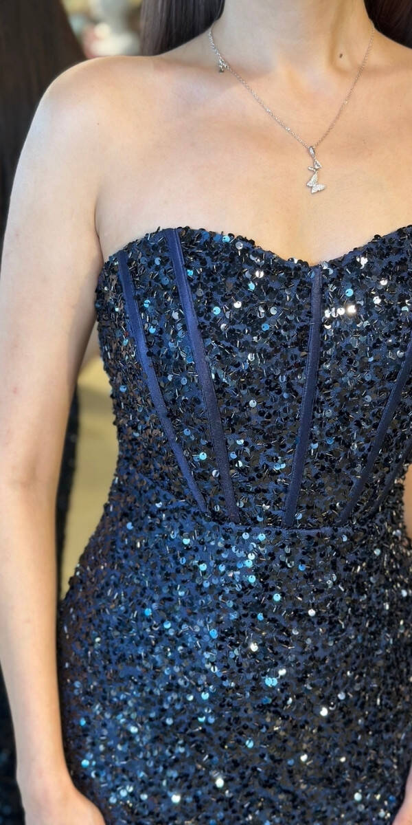 Lacivert Straplez Yaka Sırt Dekolteli Yırtmaçlı Düz Kesim Payet Uzun Abiye Elbise 11093 - 4