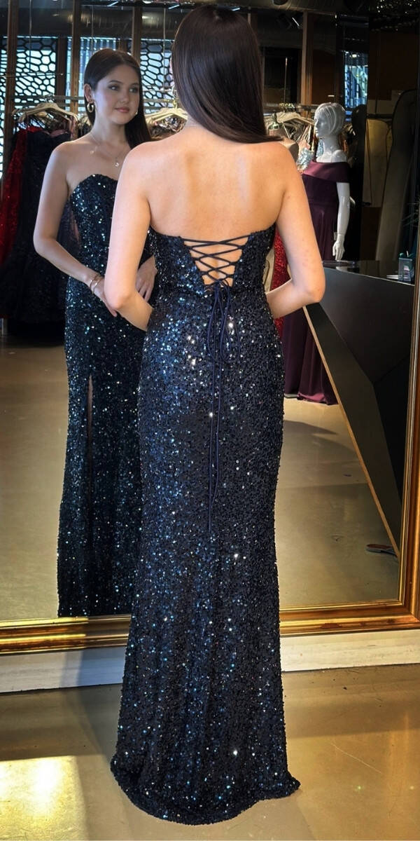 Lacivert Straplez Yaka Sırt Dekolteli Yırtmaçlı Düz Kesim Payet Uzun Abiye Elbise 11093 - 5