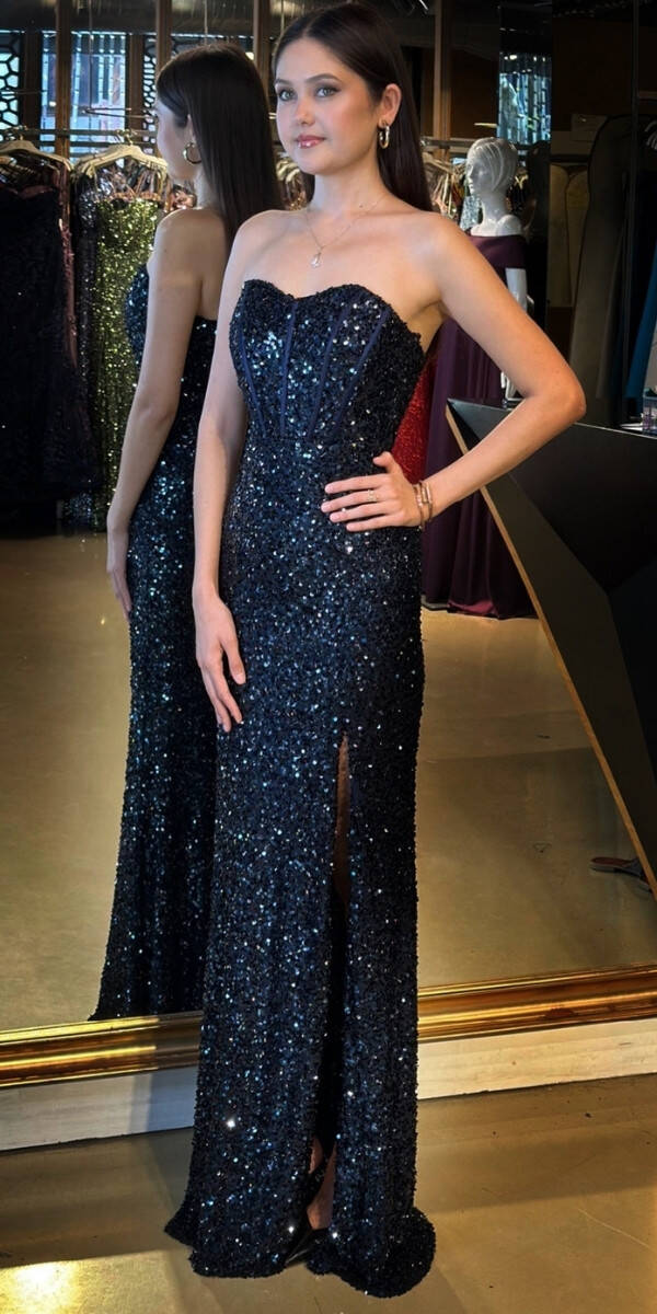 Lacivert Straplez Yaka Sırt Dekolteli Yırtmaçlı Düz Kesim Payet Uzun Abiye Elbise 11093 - 2