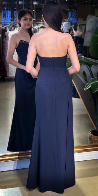 Lacivert Straplez Yaka Taş Detaylı Anvelop Yırtmaçlı Düz Kesim Krep Uzun Abiye Elbise 11109-11 - 5