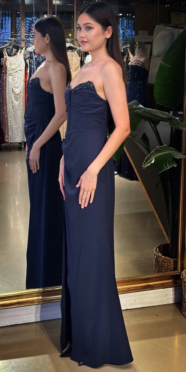 Lacivert Straplez Yaka Taş Detaylı Anvelop Yırtmaçlı Düz Kesim Krep Uzun Abiye Elbise 11109-11 - 2