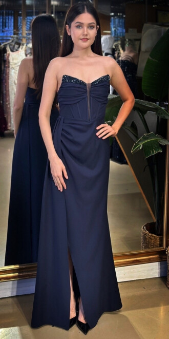 Lacivert Straplez Yaka Taş Detaylı Anvelop Yırtmaçlı Düz Kesim Krep Uzun Abiye Elbise 11109-11 - abiyeniall