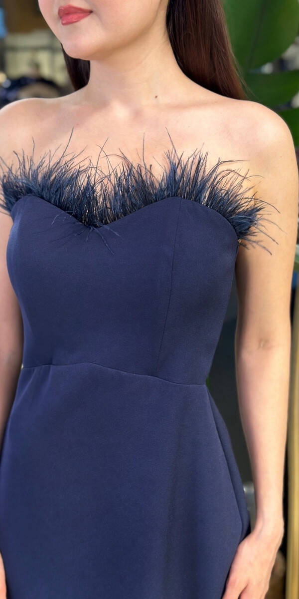 Lacivert Straplez Yaka Tuy Detaylı Yırtmaçlı Düz Kesim Likralı Krep Midi Abiye Elbise 7765 - 4