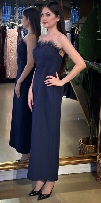 Lacivert Straplez Yaka Tuy Detaylı Yırtmaçlı Düz Kesim Likralı Krep Midi Abiye Elbise 7765 - 2