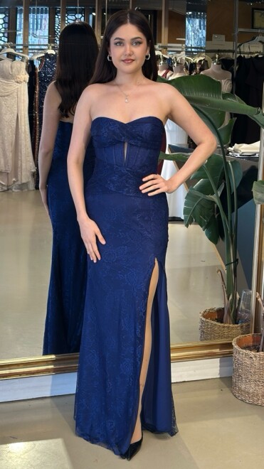 Lacivert Straplez Yaka Yırtmaçlı Balık Etekli Dantel Uzun Abiye Elbise 11218-05 