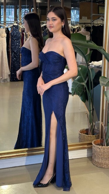 Lacivert Straplez Yaka Yırtmaçlı Balık Etekli Dantel Uzun Abiye Elbise 11218-05 - 2