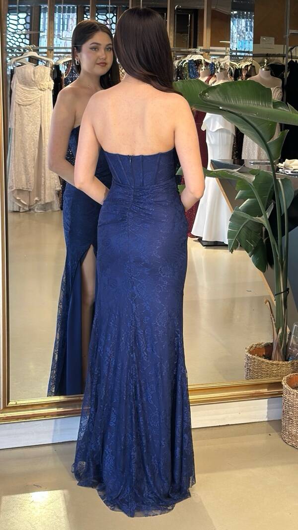 Lacivert Straplez Yaka Yırtmaçlı Balık Etekli Dantel Uzun Abiye Elbise 11218-05 - 5