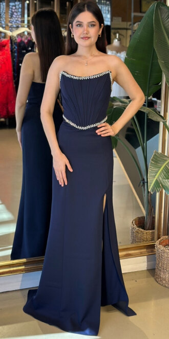 Lacivert Straplez Yaka Yırtmaçlı Düz Kesim Krep Uzun Abiye Elbise 11208-02 