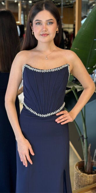 Lacivert Straplez Yaka Yırtmaçlı Düz Kesim Krep Uzun Abiye Elbise 11208-02 - 3