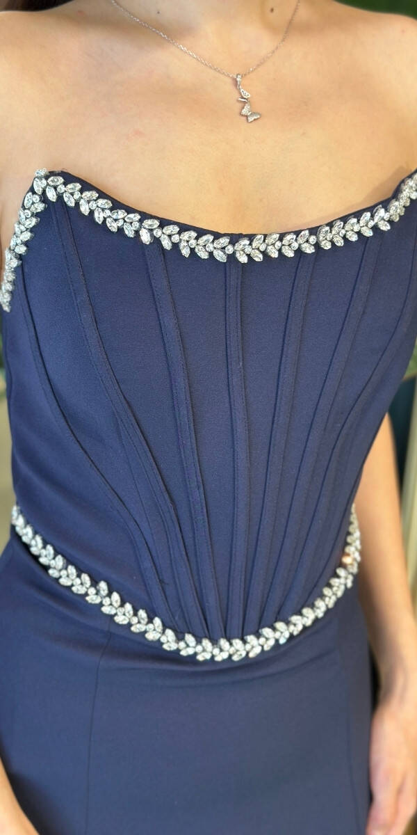 Lacivert Straplez Yaka Yırtmaçlı Düz Kesim Krep Uzun Abiye Elbise 11208-02 - 4