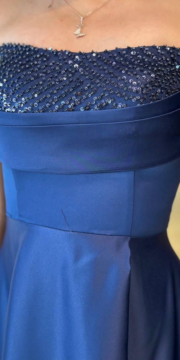  Lacivert Taş Detaylı Sırt Dekolteli Yırtmaçlı Kloş Etekli Saten Uzun Abiye Elbise 7733 - 3