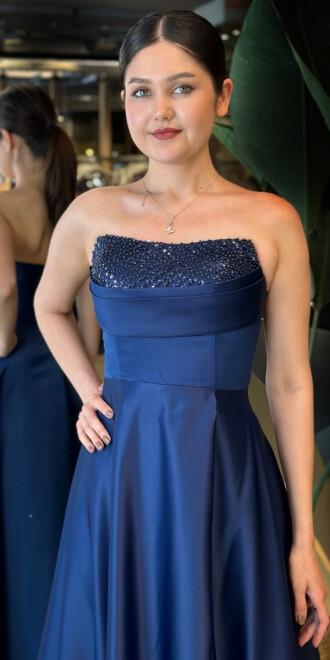  Lacivert Taş Detaylı Sırt Dekolteli Yırtmaçlı Kloş Etekli Saten Uzun Abiye Elbise 7733 - 2