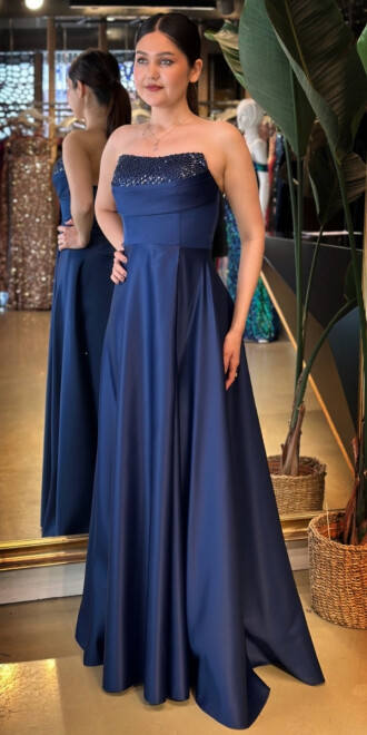  Lacivert Taş Detaylı Sırt Dekolteli Yırtmaçlı Kloş Etekli Saten Uzun Abiye Elbise 7733 